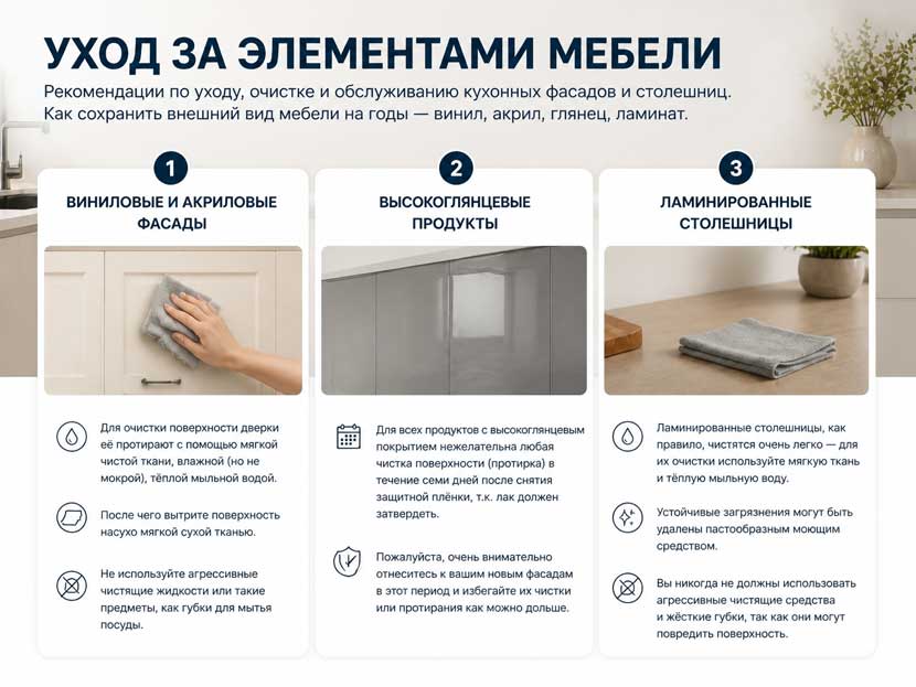 Рекомендации по уходу, очистке и обслуживанию кухонных фасадов и столешниц