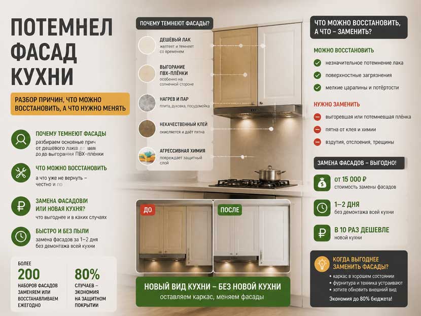 Сравнение потемневшего и обновлённого кухонных фасадов — до и после реставрации покрытия