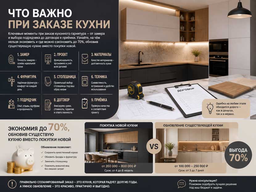 Инфографика с ключевыми критериями при заказе кухни: эргономика, материалы, фурнитура, бюджет и сроки