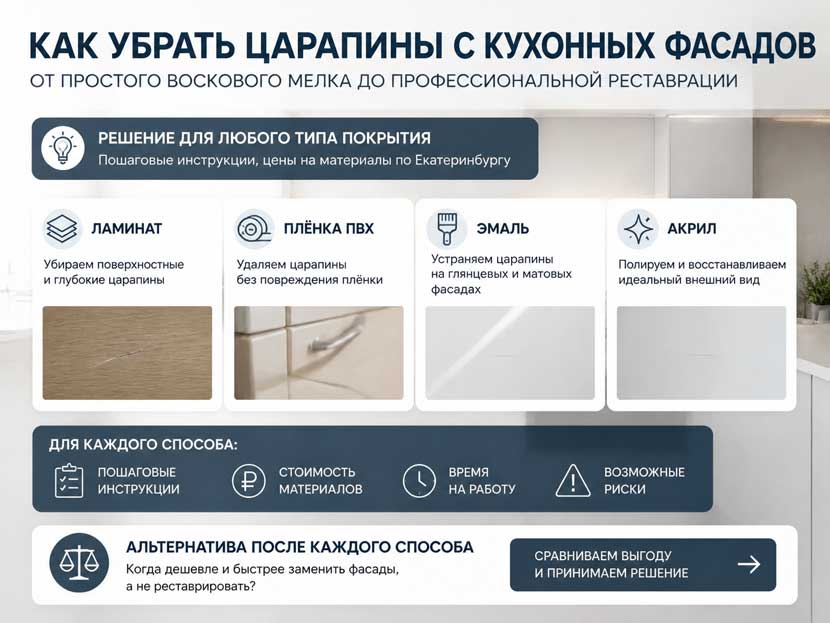 Демонстрация способов устранения царапин с кухонных фасадов: полировка, восковой карандаш, реставрационный маркер