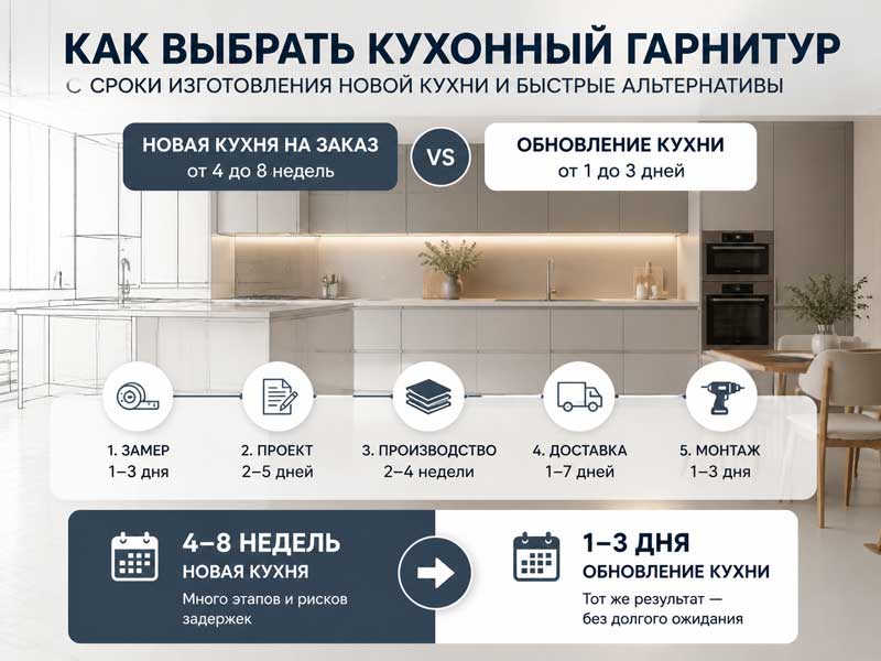 Инфографика с этапами и сроками изготовления кухни: замер, проектирование, производство, доставка, монтаж